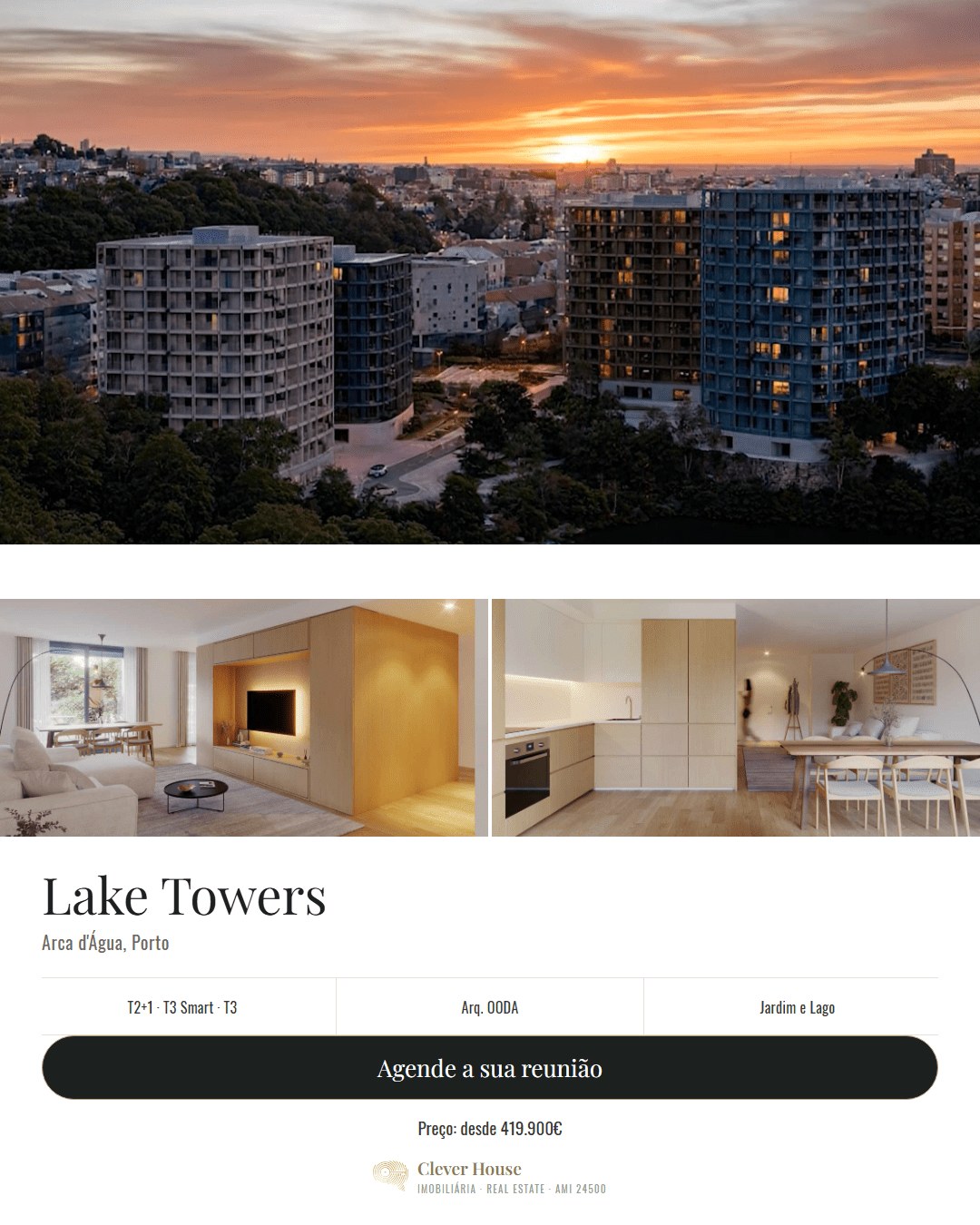 Anúncio do empreendimento Lake Towers, Porto, com interiores e preço de lançamento