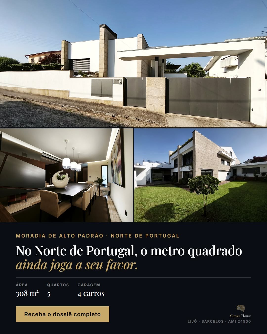 Anúncio da campanha da moradia de Lijó, Barcelos: mosaico de três fotos reais com área, quartos e garagem